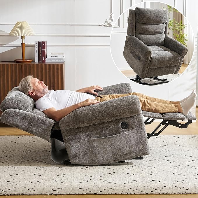 Power Lift Recliner Chair for Elderly with Adjustable Headrest, Oversized Lay Flat Recliner with Massage and Heat,28" Extra Wide Lift Chair for Big and Tall , Infinite Position,Extended Footrest, Grey