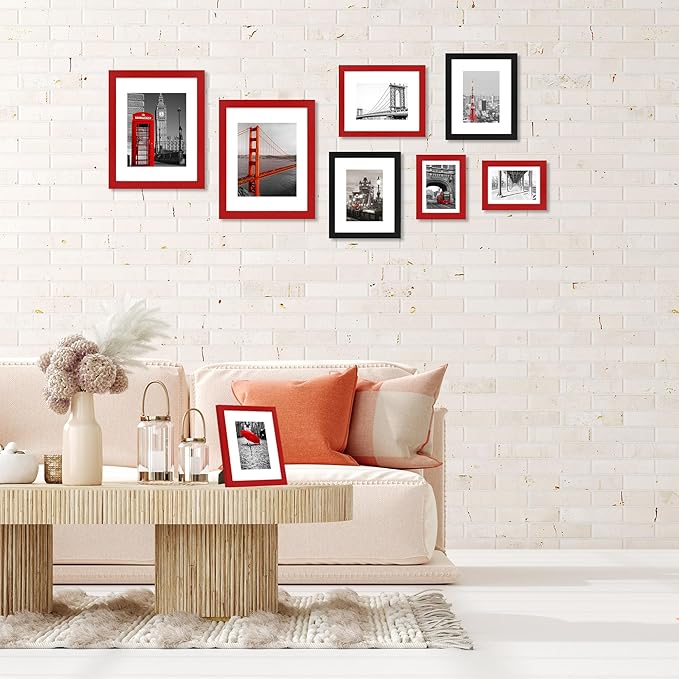 4x6 Picture Frame Set of 4, High Definition Real Glass, Display Pictures 3.5x5 with Mat or 4x6 Without Mat, Gallery Wall Hanging or Tabletop Photo Frames, Red