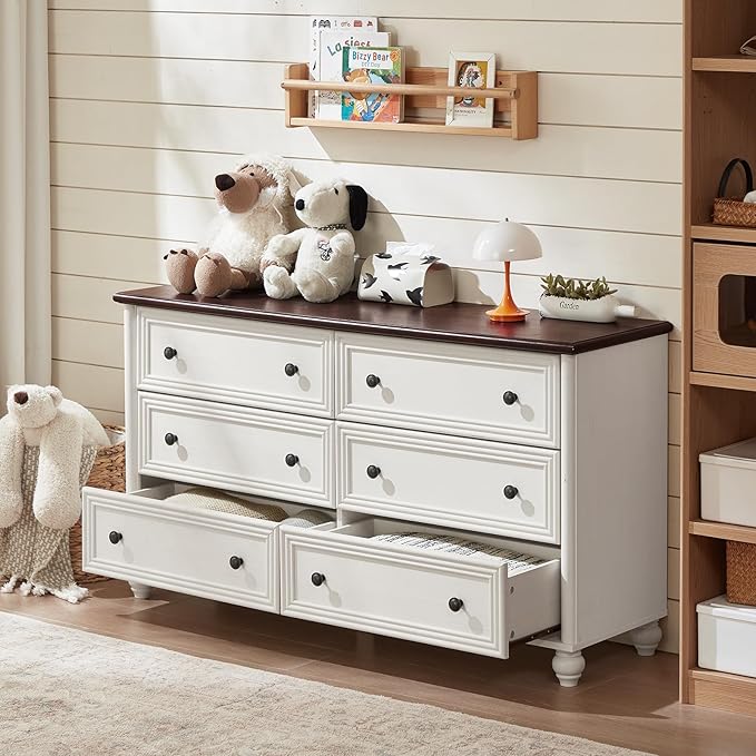 Farmhouse Dressers & Night Stand Set of 3, Wood 54" Wide Dresser & 45"Tall Chest of Drawers, 18" with Charging Station Nightstand, Bedroom Furniture 6 Drawer Dresser Set for Home Living Room Hallway