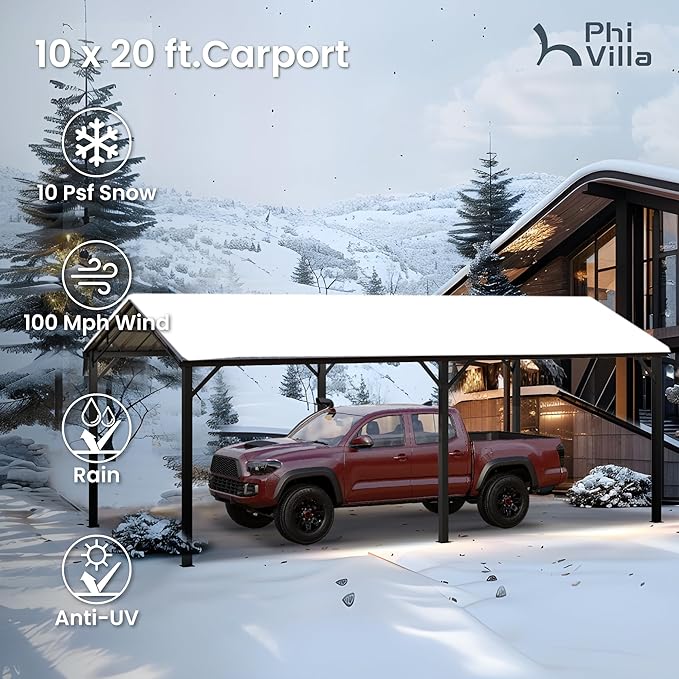PHI VILLA 10 x 20 ft Carport Metal Carports with Galvanized Steel Roof, Sturdy Heavy Duty Metal Carport for Cars, Boats, and Tractors