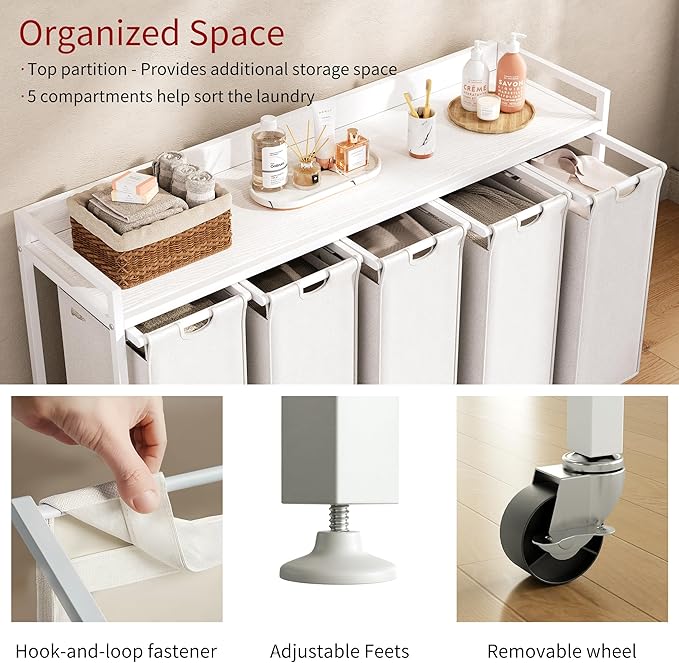 Laundry Hamper with Shelf, Laundry Basket 5 Section, Laundry Sorter with Pull-Out Removable Large Bags and Movable Wheels, Metal Frame, 5 x 15.87 Gallons (60L), White PF08XLW