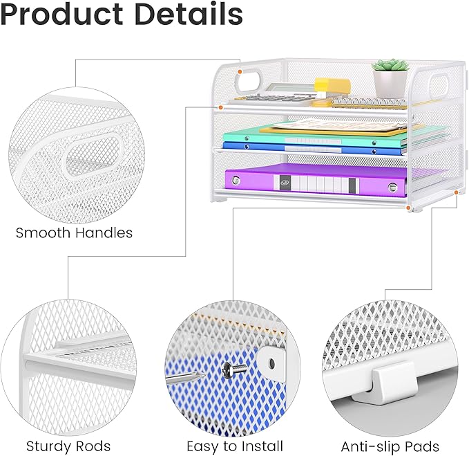 3 Tier Paper Organizer with Handle, Metal Desk Organizer Mesh Paper Letter Tray Desktop File Folder Document Sorter for Classroom, School, Office Accessories Organization and Storage - White
