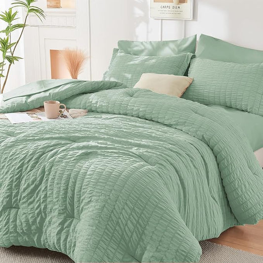 HYMOKEGE Sage Green King Size Comforter Set Seersucker 7 Pieces, All Season Luxury Bed in a Bag for Bedroom, Bedding Set with Comforters, Sheets, Pillowcases & Shams