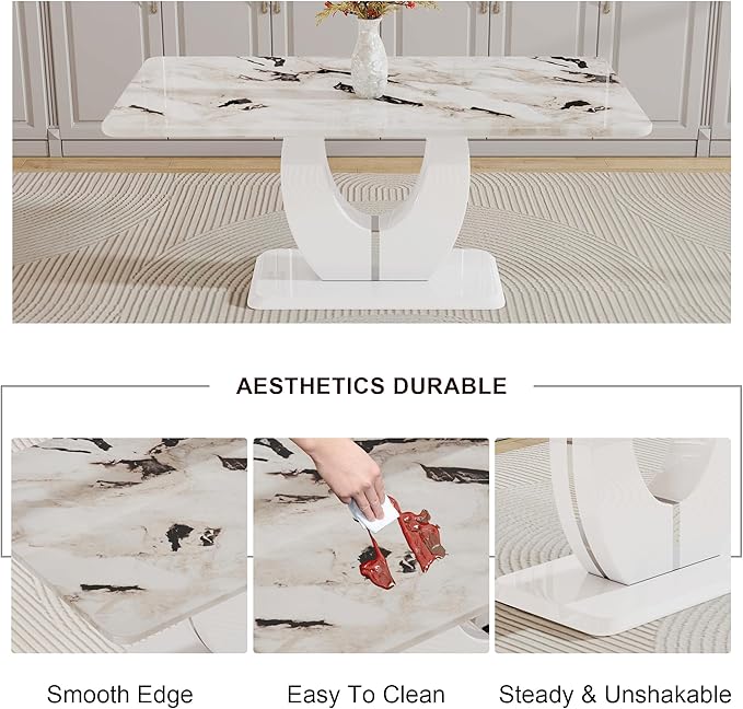 Dining Table Set for 6, Kitchen Table Chairs Set of 6, Modern Dining Room Set with 63 inch Marble Dinner Table PU Leather Upholstered Chairs for Dining Room Kitchen