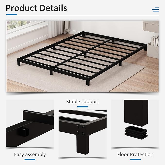 5 Inch Low King Bed Frame Heavy Duty Metal Platform, No Box Spring Needed, Easy Assembly Mattress Foundation, No Noise, Black