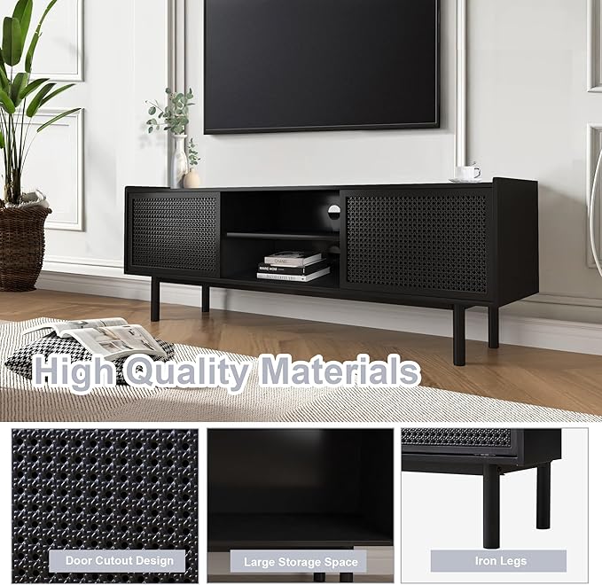 ORRD TV Stand for TVs Up to 70 Inch, Accent Iron Rattan Storage Cabinet Television Stands Entertainment Media Center Console Table with Sliding Barn Door and Adjustable Shelves for Living Room