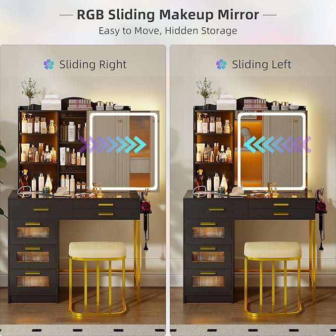 RGB Vanity Desk with Sliding Mirror and Lights,Makeup Vanity with Charging Station,LED Vanity Table with Glass Top,Girls Vanities Dressing Table Set with Stool&6 Drawers for Bedroom(Black