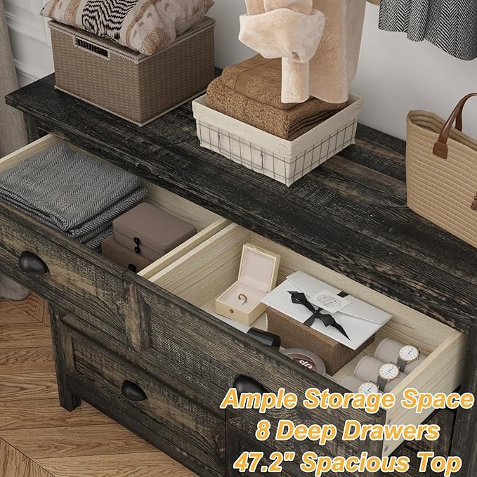 Wananlanen® Farmhouse Dresser for Bedroom, Wooden Tall Rustic Dresser for Bedroom, Hallway (Dark Oak, 8 Drawer)