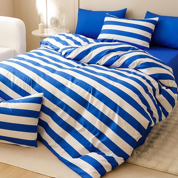 CLOTHKNOW Blue Striped Twin/Twin XL Comforter Set Farmhouse Bedding Comforter Sets Soft All Season Cross Stripes Comforter with 2 x Pillow Cases