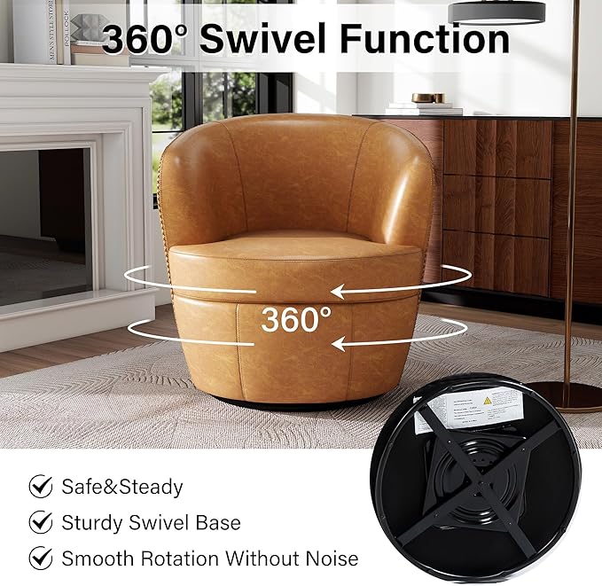 Swivel Barrel Chair, Modern Round PU Leather Accent Armchair for Living Room, Bedroom, Comfy Club Reading Chairs for Adults (Leather Light Brown, Set of 2)