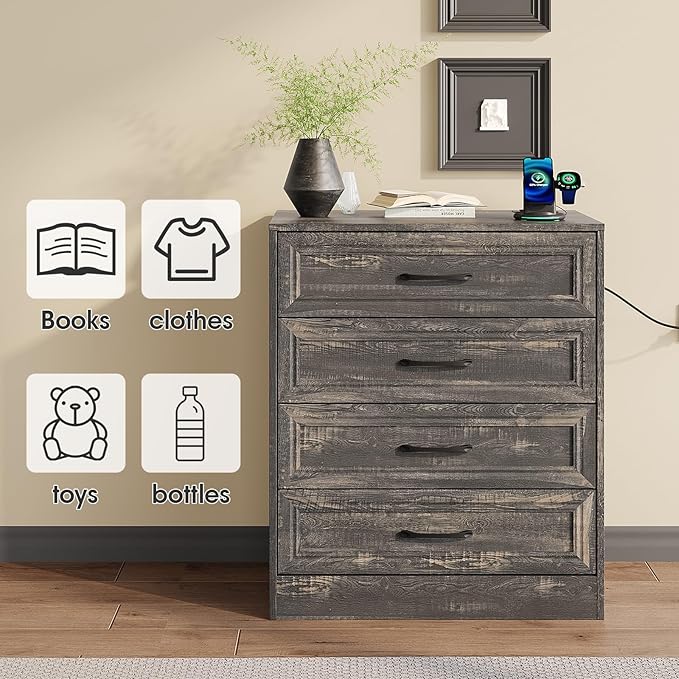 Fameill Dresser for Bedroom, 4 Drawer Small Dresser Organizer with Charging Station for Livingroom, Chest of Drawers with Metal Handles, Dark Brown