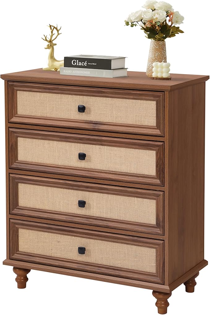 ORRD 8 Drawer Dresser for Bedroom, Mid Century Modern Wide Wood Rustic Chest of Drawers Wooden Storage Organizer Dressers with Burlap Rattan Drawers for Living Room, Hallway Closet, Entryway, Walnut