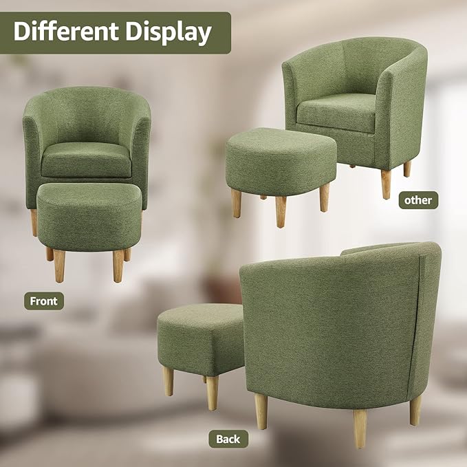 DAZONE Mid Century Modern Chair, Accent Chair Barrel with Ottoman Comfy Arm Footrest Set Comfortable Living Room Chairs Upholstered Round Club Tub Sofa for Bedroom Reading Green, Set of 1