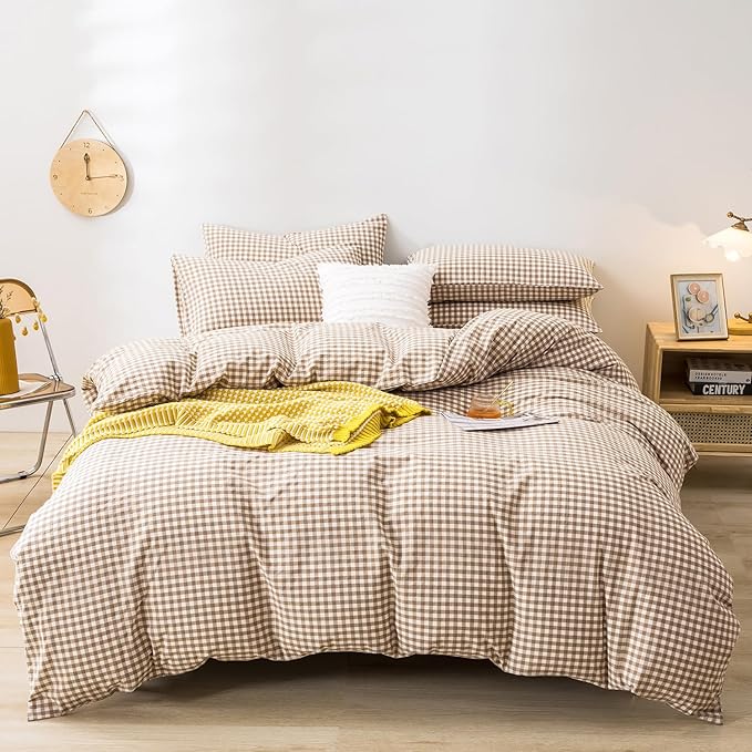mixinni Tan Gingham Comforter Set King, Plaid Comforter Set 3 Pieces 1 Beige Grid Comfoter with 2 Pillow Cases for All Seasons, Soft Fluffy Modern Grid Pattern Printed Bedding-King Size