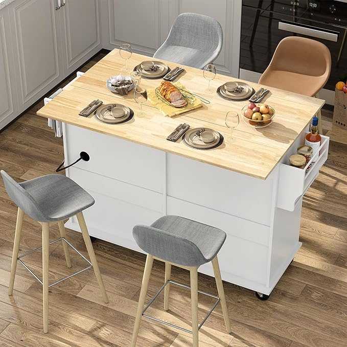 55" Movable Kitchen Island with Drop Leaf and Power Outlet, Rolling Island Cart w/Storage Cabinet, Island Table on Wheels for Kitchen w/2 Drawers, Spice Rack, Towel Bar, Garage Hook, White