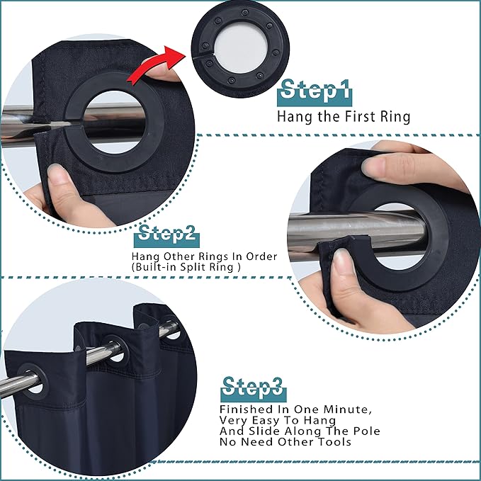 Conbo Mio No Hook Shower Curtain with Snap in Liner Set, Hotel Luxury Black Fabric Shower Curtains for Bathroom with See Through Top Window, Washable, Waterproof 71W x 74H