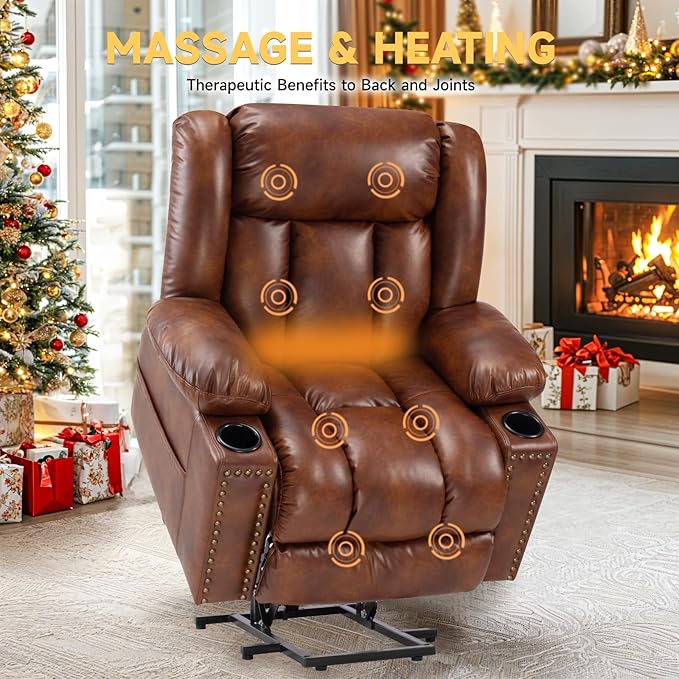 Large Power Lift Chair Recliner for Elderly with Heated and Massage, Overstuffed Adjustable Lift Chair, 3 Position, Breathable Leather, USB-A&USB-C, Cup Holder (Tall Man-7523, Brown)