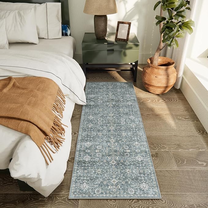 2'x6' Washable Runner Rug Utral Soft Lightweight Vintage Boho Distressed Non-Slip Backing,Low Pile Stain Resistant Farmhouse Rug for High-Traffic Hallway, Kitchen & Laundry