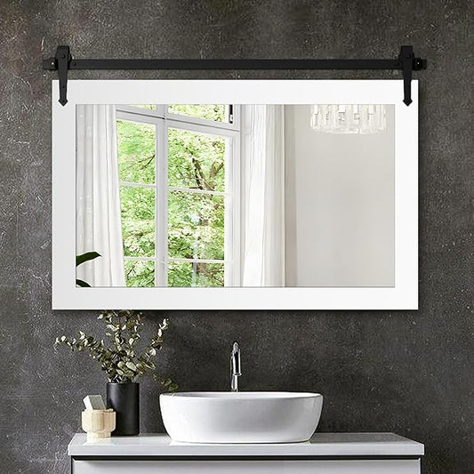 Farmhouse Barn Door Mirror - 42" x 28" Rustic Wood Framed Wall Mirror for Bathroom, Living Room, Bedroom Wall Decor (Bright White)