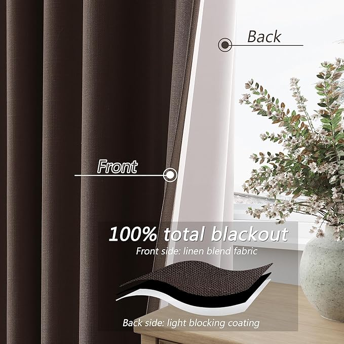 Guken Brown Blackout Curtains 72 Inch Length 2 Panels Set for Living Room Bedroom Back Tab Thermal Insulated 100% Black Out Linen Drapes Room Darkening Window Curtains 52 Inches Width