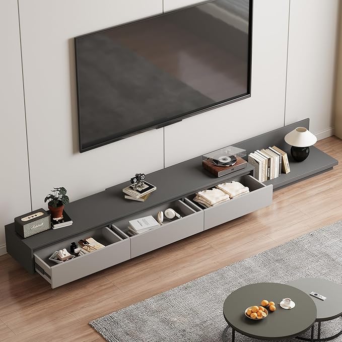 Adjustable TV Stand with 3 Drawers - Mid-Century Modern Extendable Entertainment Center for Living Room or Bedroom(78.7–130"), Stylish Gray Media Console