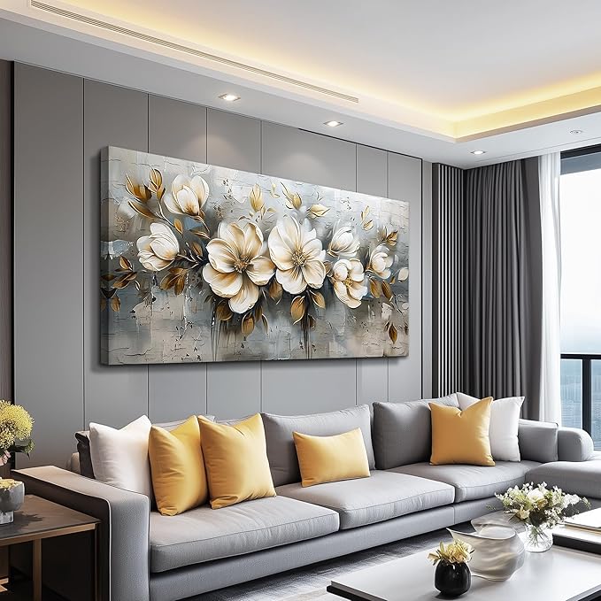 PHAOHUAXM Large Canvas Wall Decor Living Room For Wall Art For Bedroom Office Decorations Abstract White Flowers Wall Paintings Pictures Artwork Modern Framed Posters Home Decor Aesthetic 30"x60"