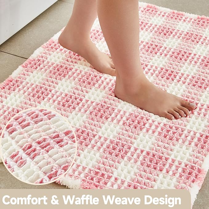 Waffle Bath Mat, Boho Bathroom Rugs Non Slip Washable Absorbent Checkered Bathroom Mat Quick Dry Cute Bath Mat, 36"x24" Pink and White