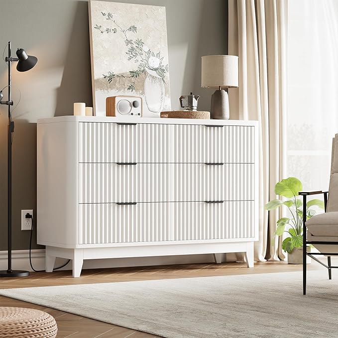 HAIOOU Fluted 6 Drawer Dresser with Power Outlet, 47.2” Wide Modern Chest of Drawers, Curved Profile Design Wooden Dresser for Bedroom, Clothing Storage Organizer TV Stand for Closet - White