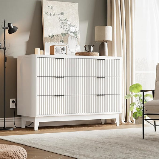 HAIOOU Fluted 6 Drawer Dresser with Power Outlet, 47.2” Wide Modern Chest of Drawers, Curved Profile Design Wooden Dresser for Bedroom, Clothing Storage Organizer TV Stand for Closet - White
