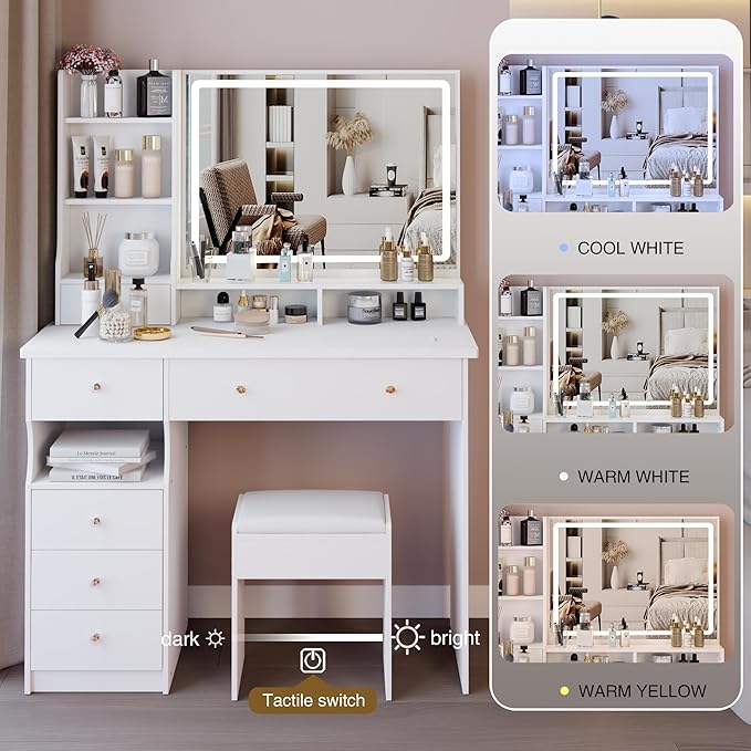 41" Vanity Desk with Mirror and Lights, Makeup Table with Led Mirror, 3 Lighting Colors, Vanity Set with 6 Drawers and Stool for Bedroom, White