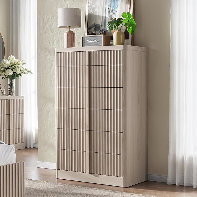 Fluted Dresser for Bedroom, 48" Tall 6 Drawer Dresser, Modern Chest of Drawers with Solid Wood Handle, Curved Profile Design, Wood Dressers Storage Organizer, Living Room, Hallway, Natural Oak