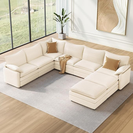 Vesgantti Large Modular Sectional Sofa, Big Comfy Cloud Couch with Ottoman Deep Seat Corduroy Cloud Sofa, 8 Seater Large Sectional Couches for Living Room, Bedroom and Apartment, Beige