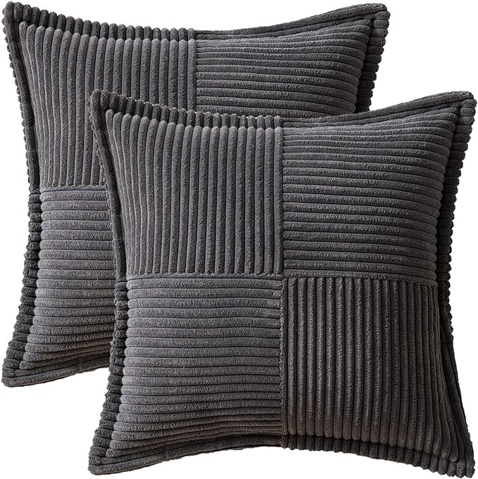 MIULEE Decorative Throw Pillow Covers for Couch Bed Livingroom 20x20 Inch Set of 2 Dark Grey Boho Accent Throw Pllows Broadside Striped Patchwork Soft Corduroy Pillowcases