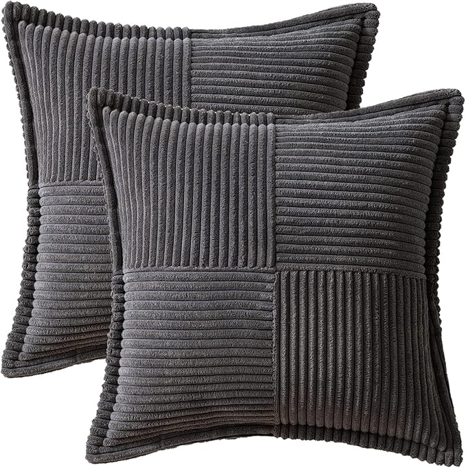 MIULEE Dark Grey Corduroy Decorative Euro Sham Pillow Covers 24x24 Inch with Splicing Set of 2 Soft Boho Pillow Covers Broadside Textured Pillowcases for Couch Bed Livingroom