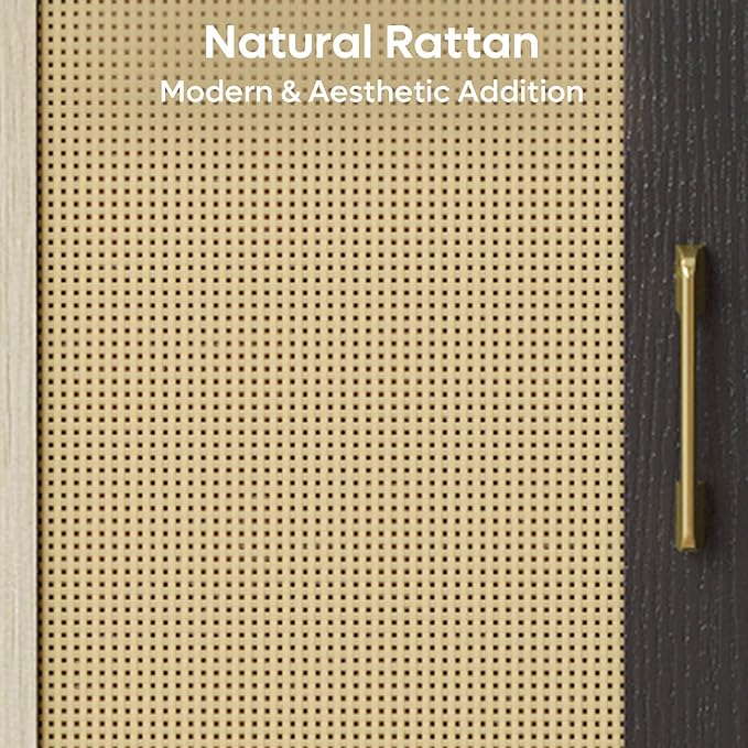 Bestier 80 Inch Black Rattan TV Stand with Storage for 85 Inch TV, 4-in-1 Mid Century Modern Entertainment Center with LED Lights, Doors and Adjustable Glass Shelves for Living Room