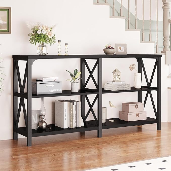 LVB Black Console Table, Modern Entryway Table with 3 Tier Storage Shelves, Industrial Sofa Table Behind Couch for Living Room, Farmhouse Wood Metal Entry Table for Hallway Foyer, Black Oak, 55 Inch