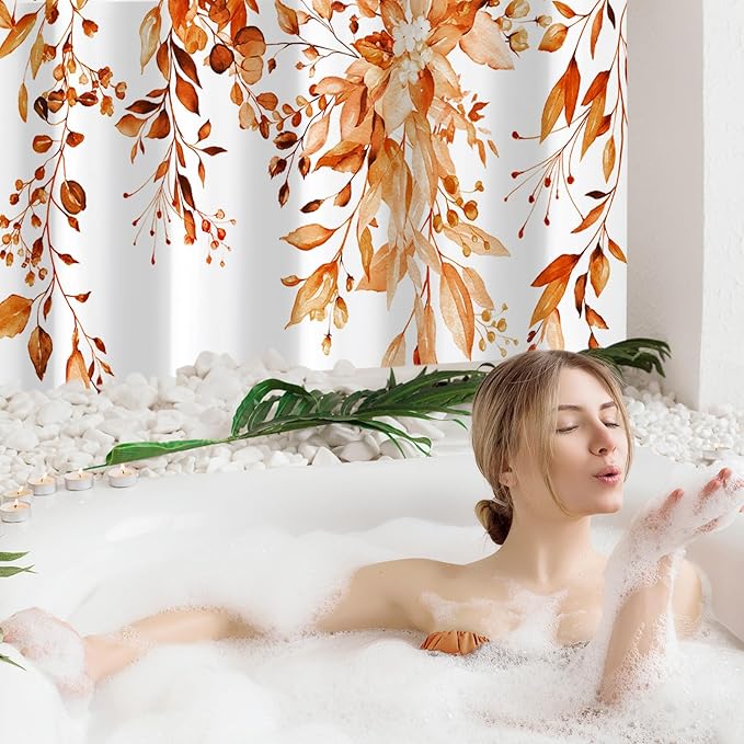 Gibelle Small Stall Shower Curtain 36 x 72, Narrow Orange Floral Shower Curtain for Bathroom, Fall Watercolor Plant Eucalyptus Leaves Fabric Shower Curtain Set with Hooks