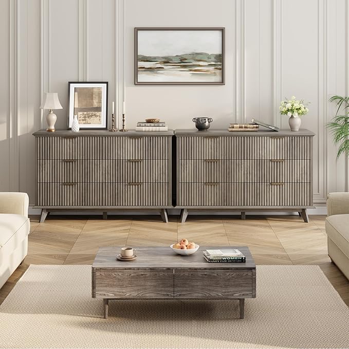 QUW Fluted Dresser for Bedroom with 6 Drawers, 47.2" Wide Modern Chest of Drawers with Metal Handle, Wooden Dresser TV Stand and Closet Clothes Storage Organizer for Living Room, Hallway, Grey