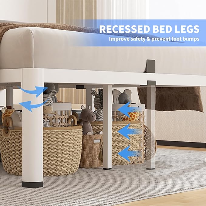 ROIL 14 Inch White Twin Size Bed Frame with Rounded Corner and Headboard Hole Mattress Retainers 3500LBS Heavy Duty Steel Slats No Box Spring Needed Platform Noise-Free Easy Assembly