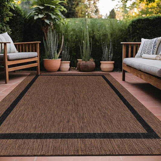 Bordered Outdoor Rug 5x7 Washable Outside Carpet for Indoor Patio Porch Waterproof Easy Cleaning Non Shedding Area Rugs Nut Brown - Black 5 x 7