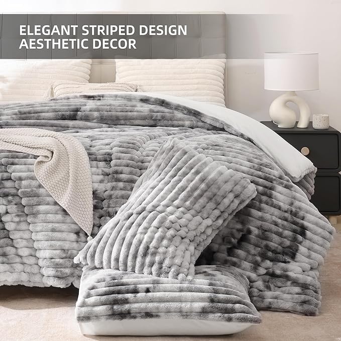 Smoofy Fluffy Full Size Comforter Sets 3 Pieces - Tie-dye Grey Fleece Fluffy Comforter Set, Luxury Fuzzy Full Bed Set, Soft Comforter Full Size All Season, Heavy Faux Fur Comforter with 2 Pillow Cases