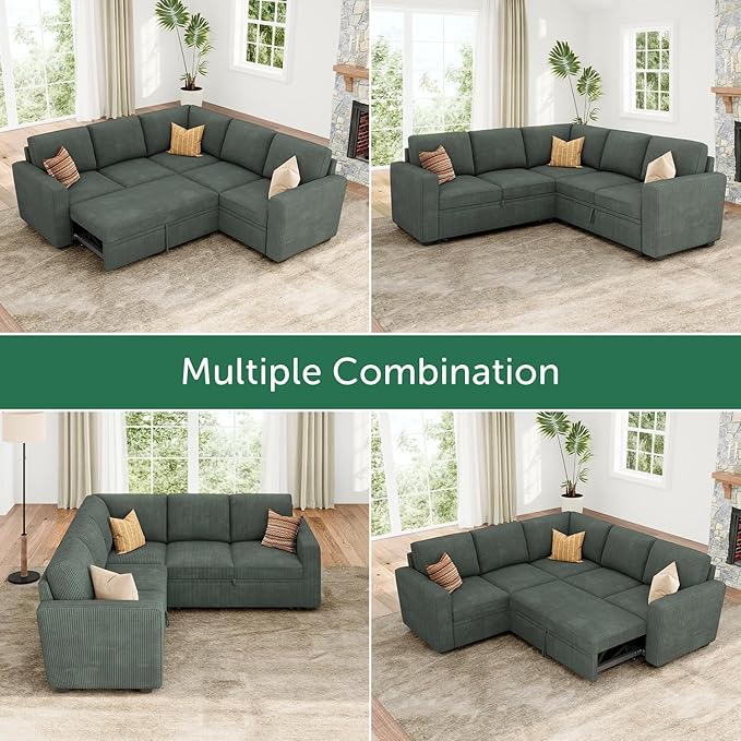 HONBAY Sectional Sleeper Sofa with Pull Out Bed, Corduroy L Shaped Couch with Storage, Modular Sectional Couches for Living Room, Green