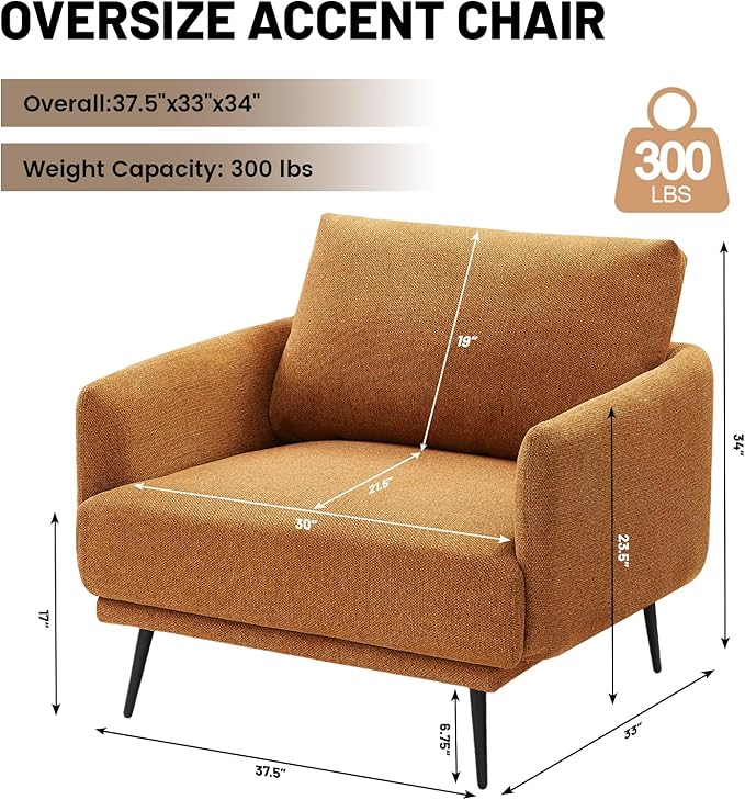 Oversized Accent Chair for Living Room Chairs Reading Arm Chair Comfy Modern Single Sofa Side Chairs with Metal Legs & Soft Cushion for Bedroom, Balcony,Waiting Room(Polyester, Caramel)