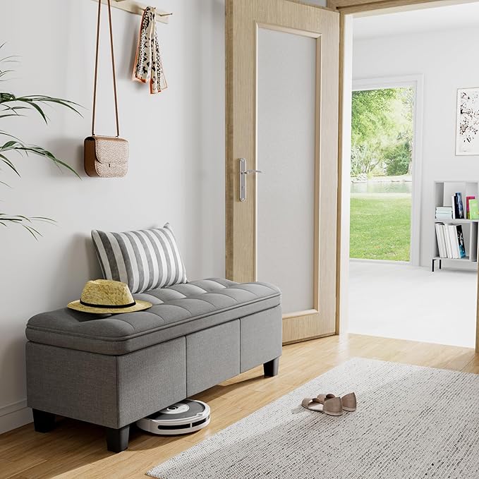 JUMMICO 47 Inches Storage Ottoman with Legs, End of Bed Bench, Foot Rest for Couch, for Living Room, Bedroom, Entryway, 17.3" D x 47.2" W x 18.5" H, Easy Assembly (Light Gray)