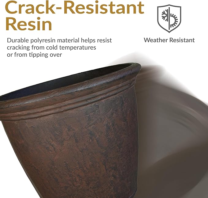Sunnydaze 24-Inch Anjelica Large Plastic Pot for Plants - Double-Walled Outdoor Polyresin Round Planter Porch Pot with Drillable Drainage Holes - Rust - 2pk