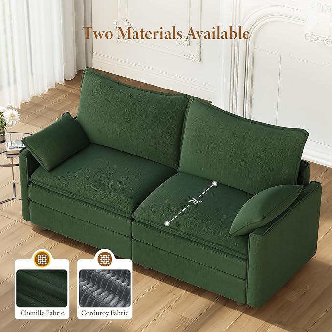 Vesgantti 74" Loveseat Sofa for Living Room, Comfy Cloud Couch Deep Seat Chenille Modern 2 Seater Small Sofa with Armrest Pillow, Easy Assembly for Small Spaces, Green