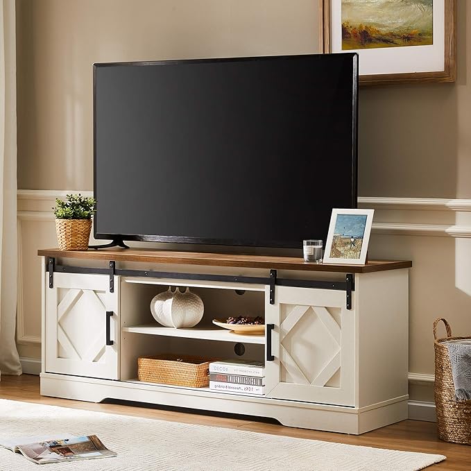 WAMPAT Farmhouse Sliding Barn Door TV Stand for TVs Up to 65 inch, Modern Storage Entertainment Center, Wood Media Console Table Cabinet 3-Level Adjustable Shelf for Living Room, White/Oak