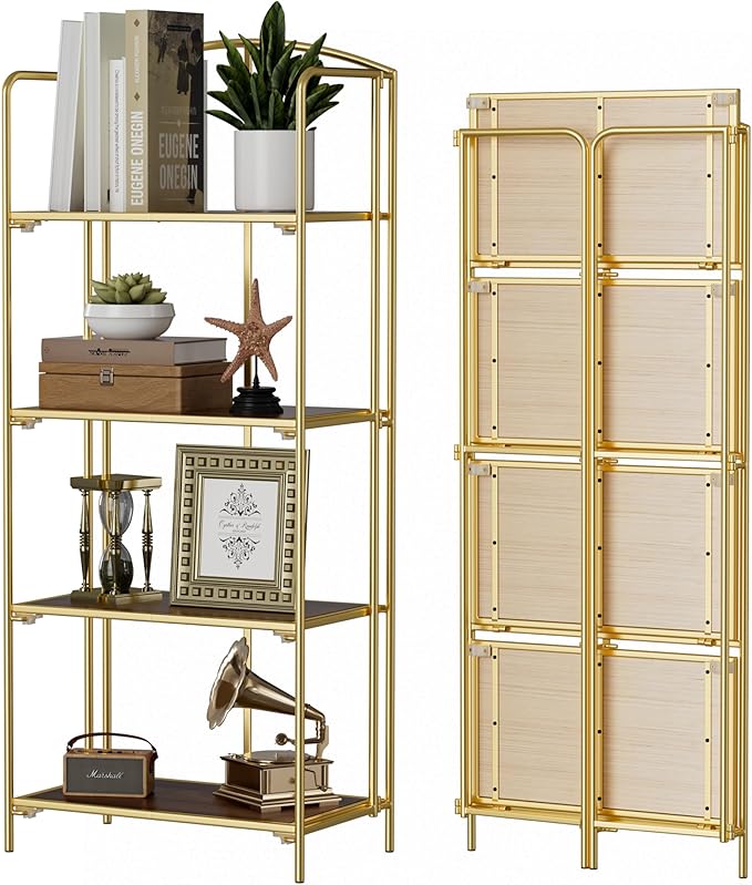 Crofy No Assembly Folding Bookshelf for Living Room, 4 Tier Gold Collapsible Book Shelf for Home Office, Portable Bookcase Storage Organizer
