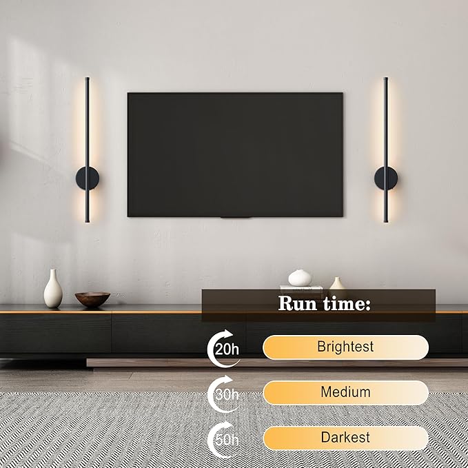 Battery Operated Modern Wall Sconces, Dimmable Wireless Wall Light Set of Two with Remote Control, 3 Color Temperatures, Rechargeable LED Wall Sconce for Bedroom, Living Room, Hallway, 23.6 Inch Black