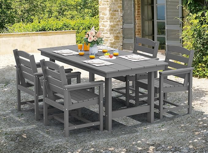 SERWALL Modern Patio Dining Set, 5-Piece Rectangular HDPE Dining Table with Umbrella Hole & 4 Chairs, Grey
